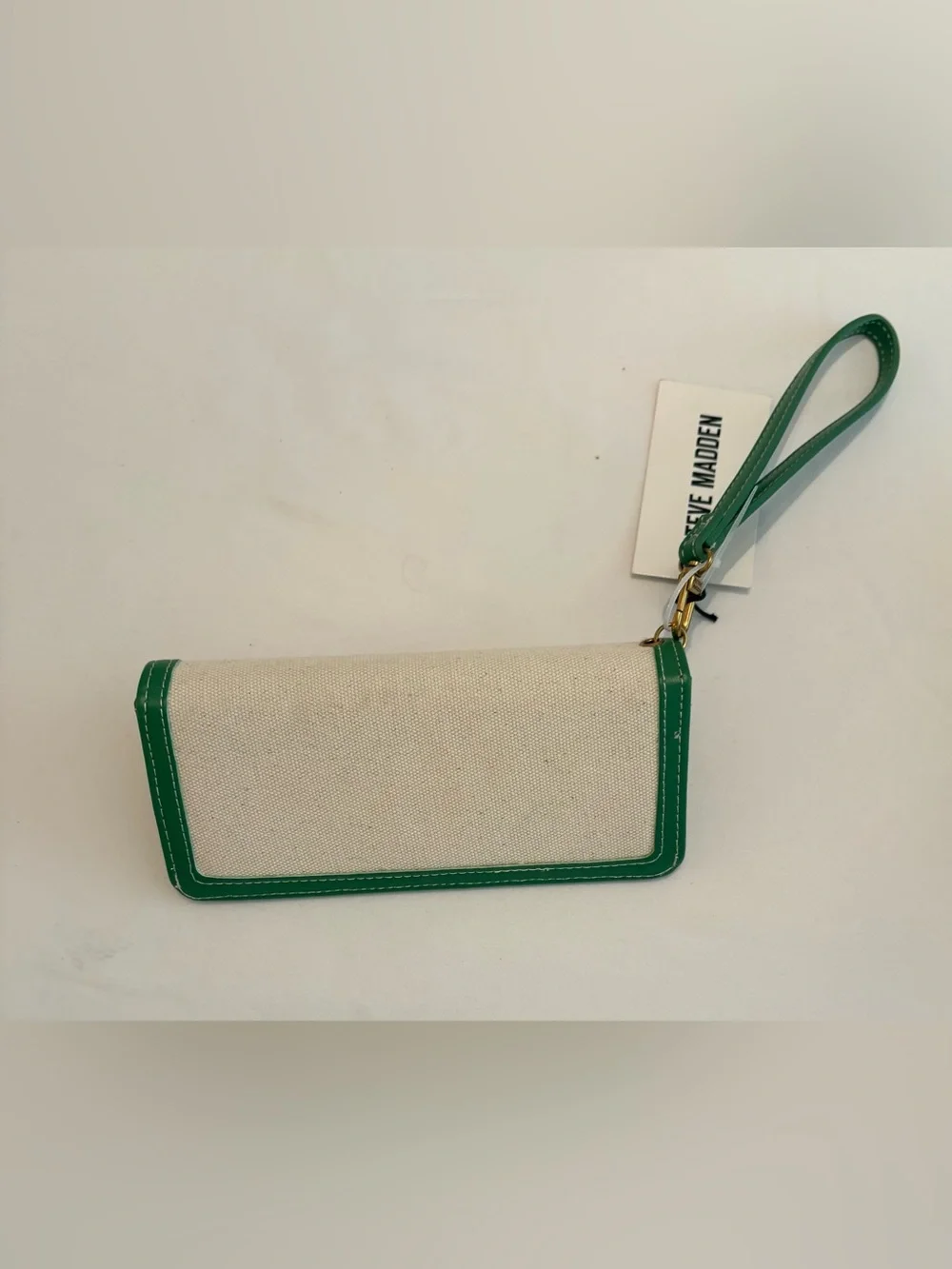 STEVE MADDEN New BBELTY Canvas 100% Cotton Natural Wallet Green Trim Snap Zip